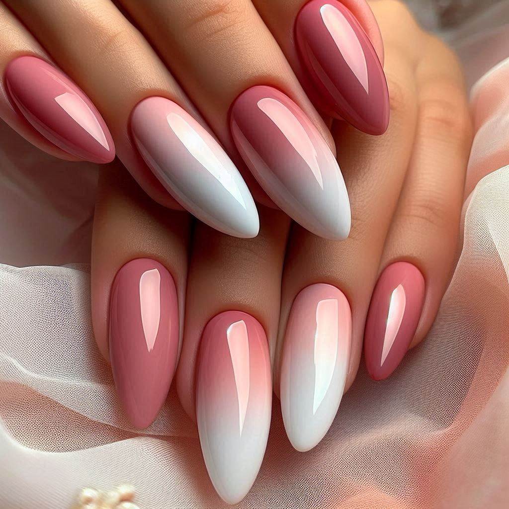 Short Acrylic Nails Almond with Ombre Pink & White