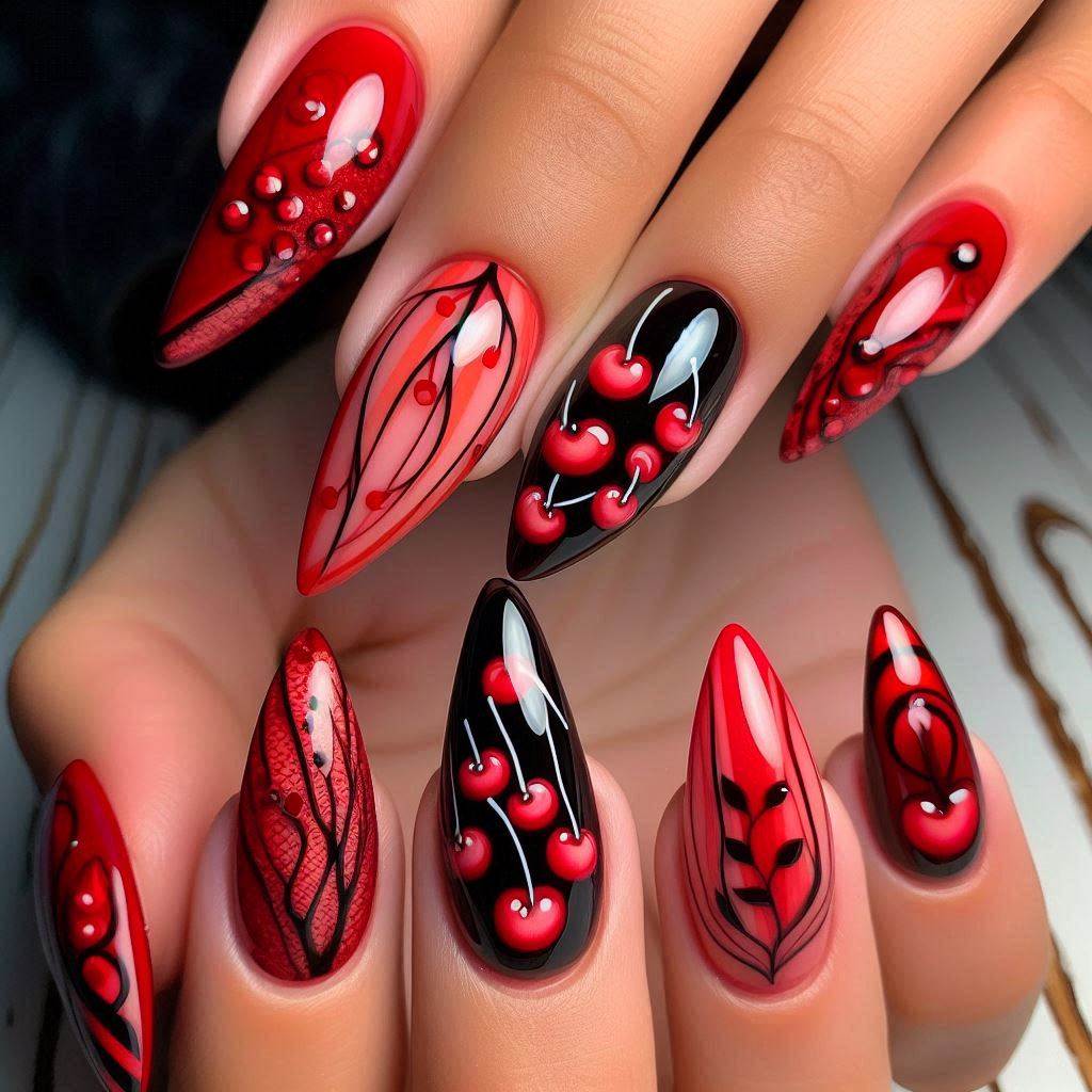 Cute Cherry Nails with a Touch of Black