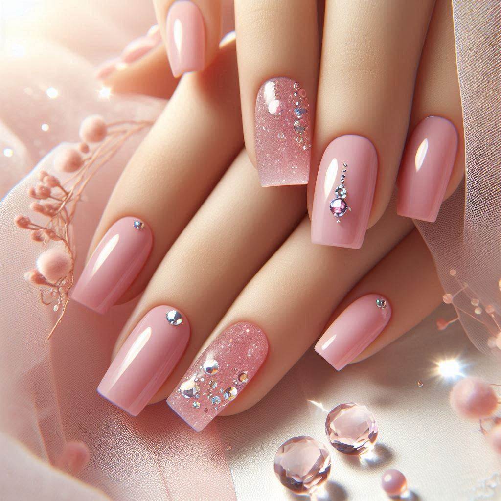 Cute Pink Acrylic Nails with Soft Pastel Hues and Glittering Gems