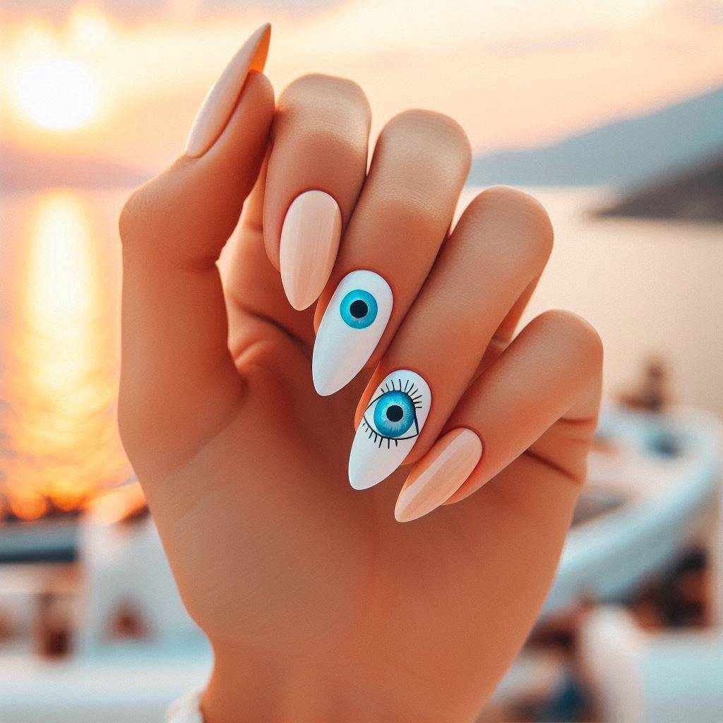 White Almond Nails with a Delicate Blue Eye