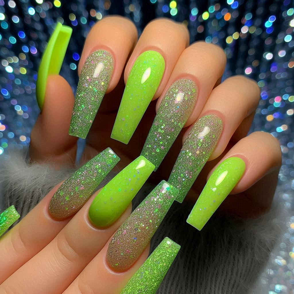 Lime Green Glitter Nails