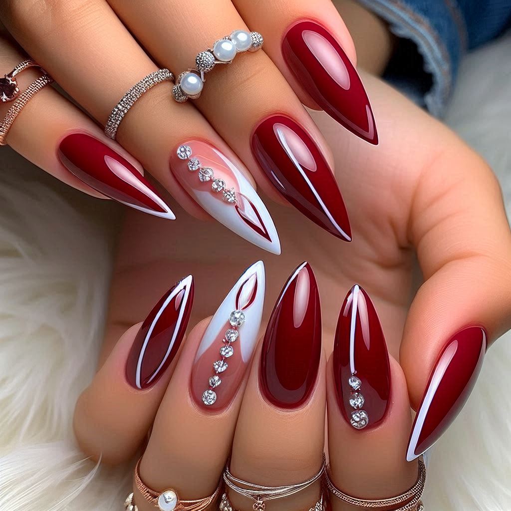 Long Almond Cherry Nails with White Accents