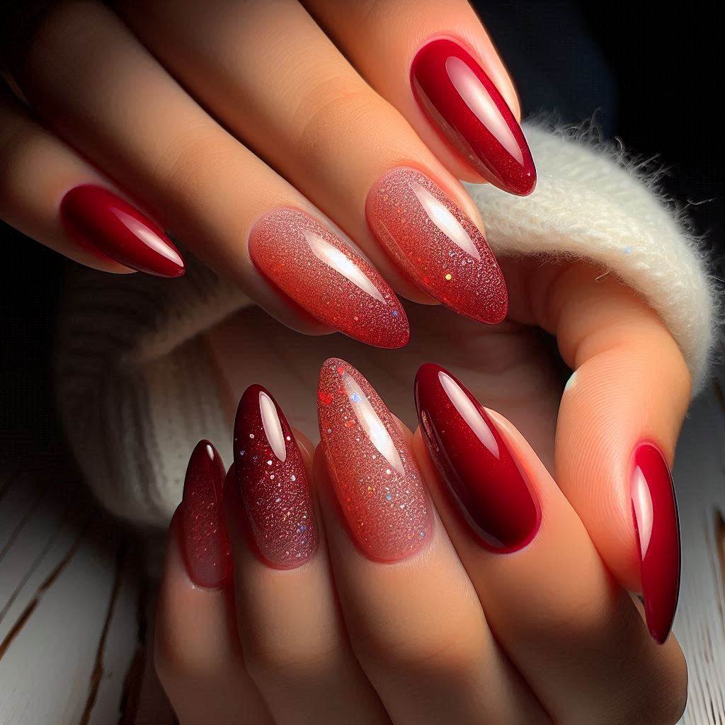 Short Almond Nails Red Glitter