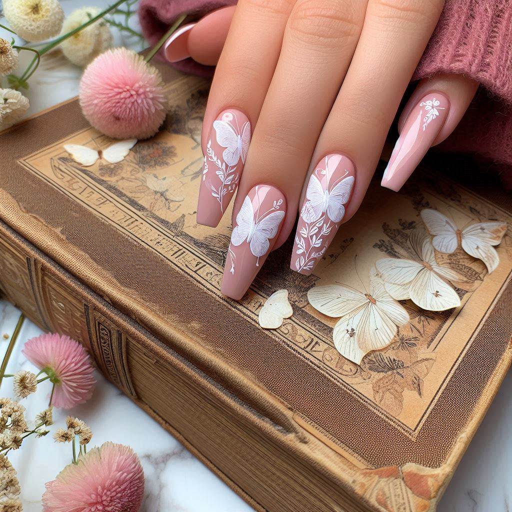 Long Light Pink Nails with Butterfly Art