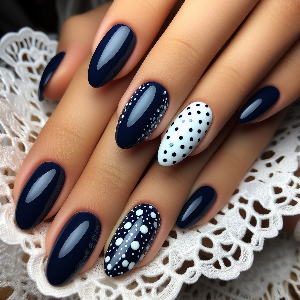 Navy Blue and White Polka Dot Nails