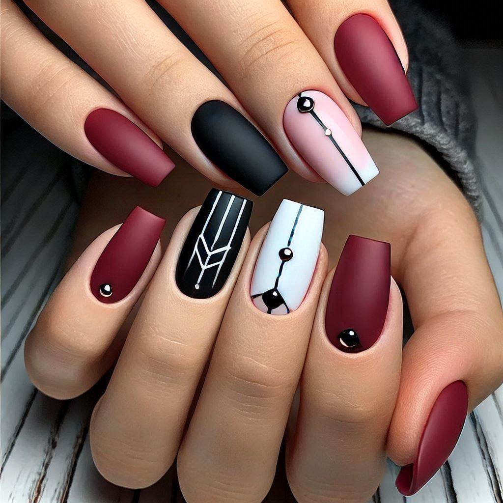 Matte Cherry Nails with Geometric Accents