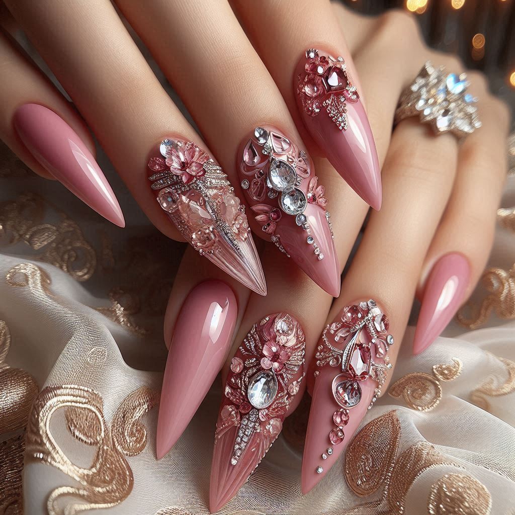 Luxurious Pink Acrylic Nails with Gems and Diamond Detailing for a Soft, Opulent Look