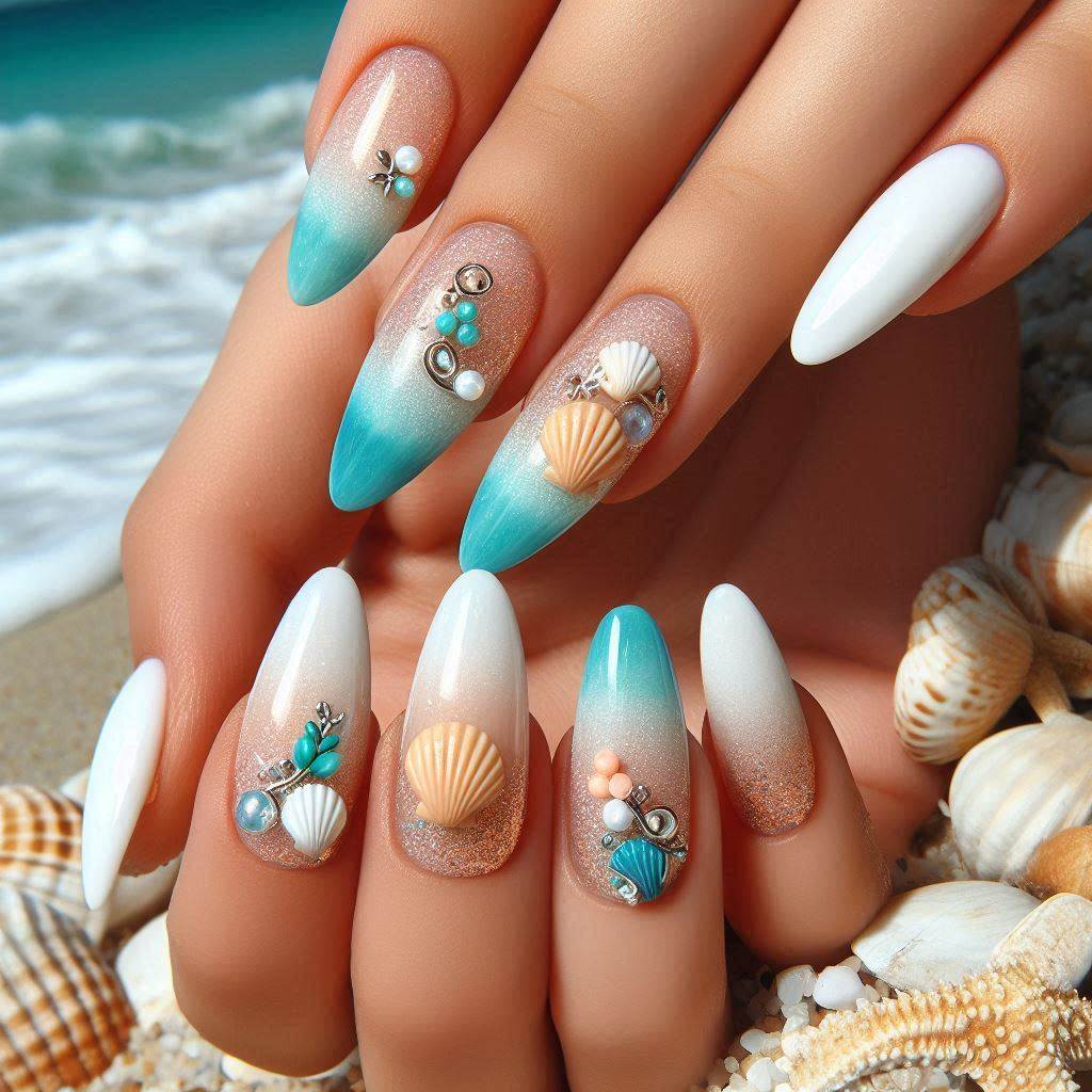 Beach Vacation Nails with Seashell Accents