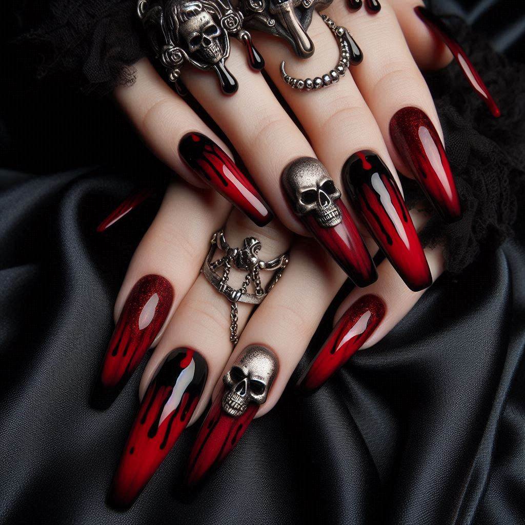 Blood-Red Goth Nails Acrylic for a Vampire Chic Look