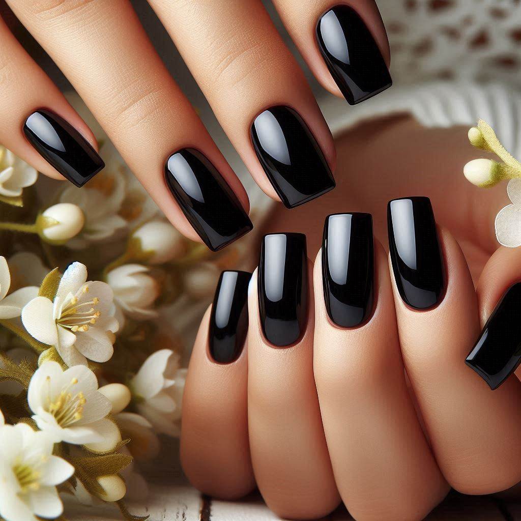 Glossy Jet-Black Square Nails