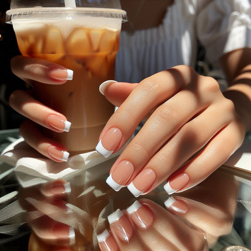 Short French Tip Nails with Pearly Finish