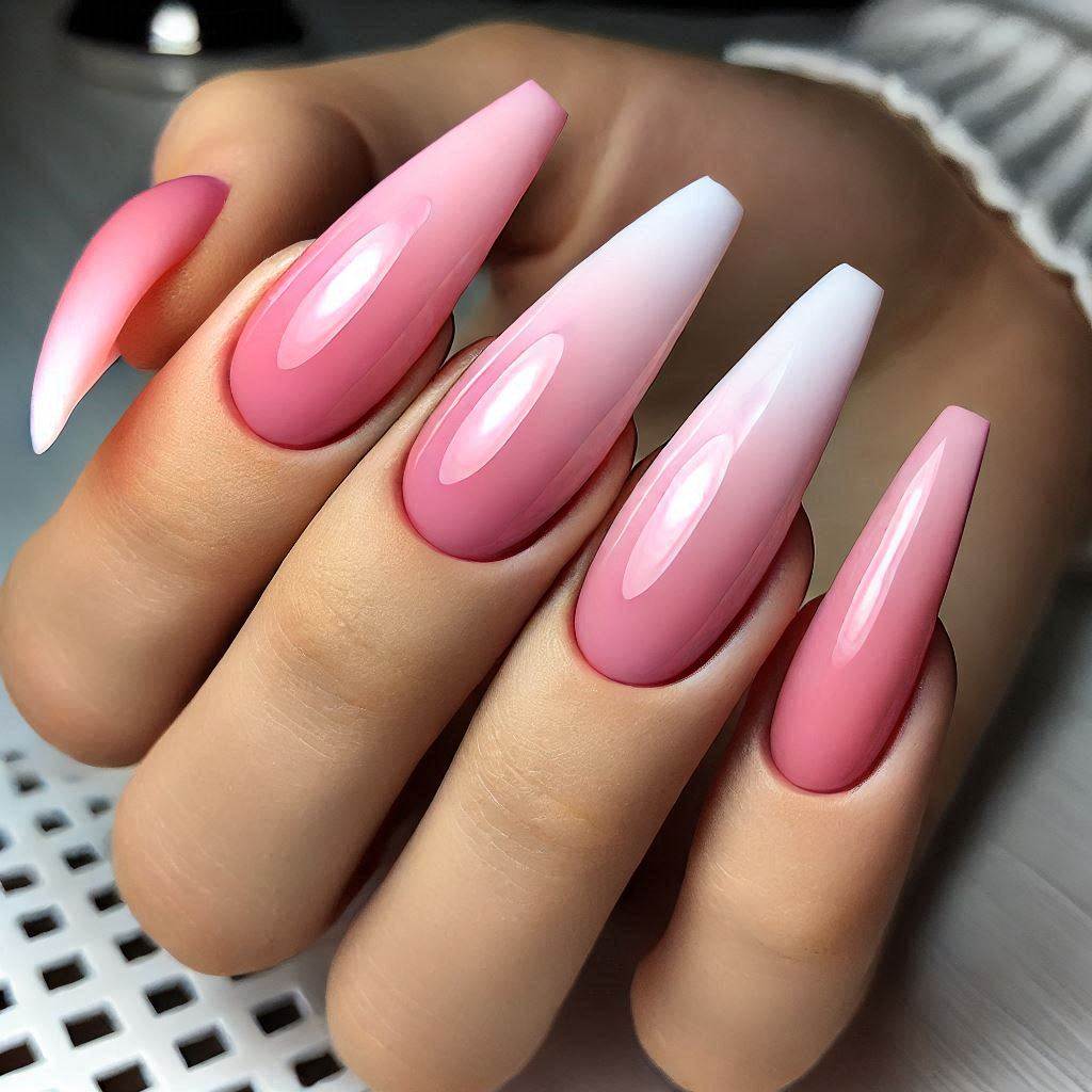 Simple Coffin Pink and White Ombre Nails
