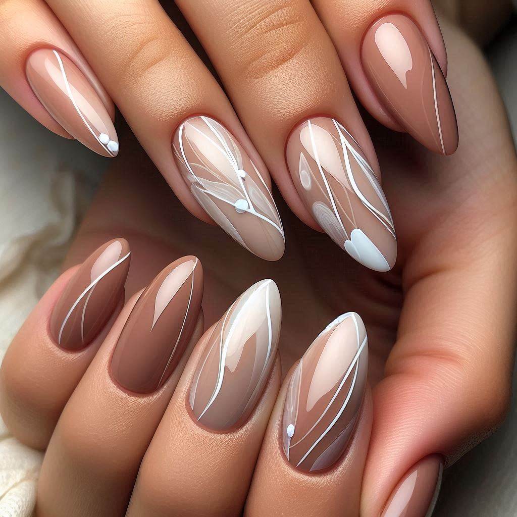 Nude Almond Nails with White Abstract Lines