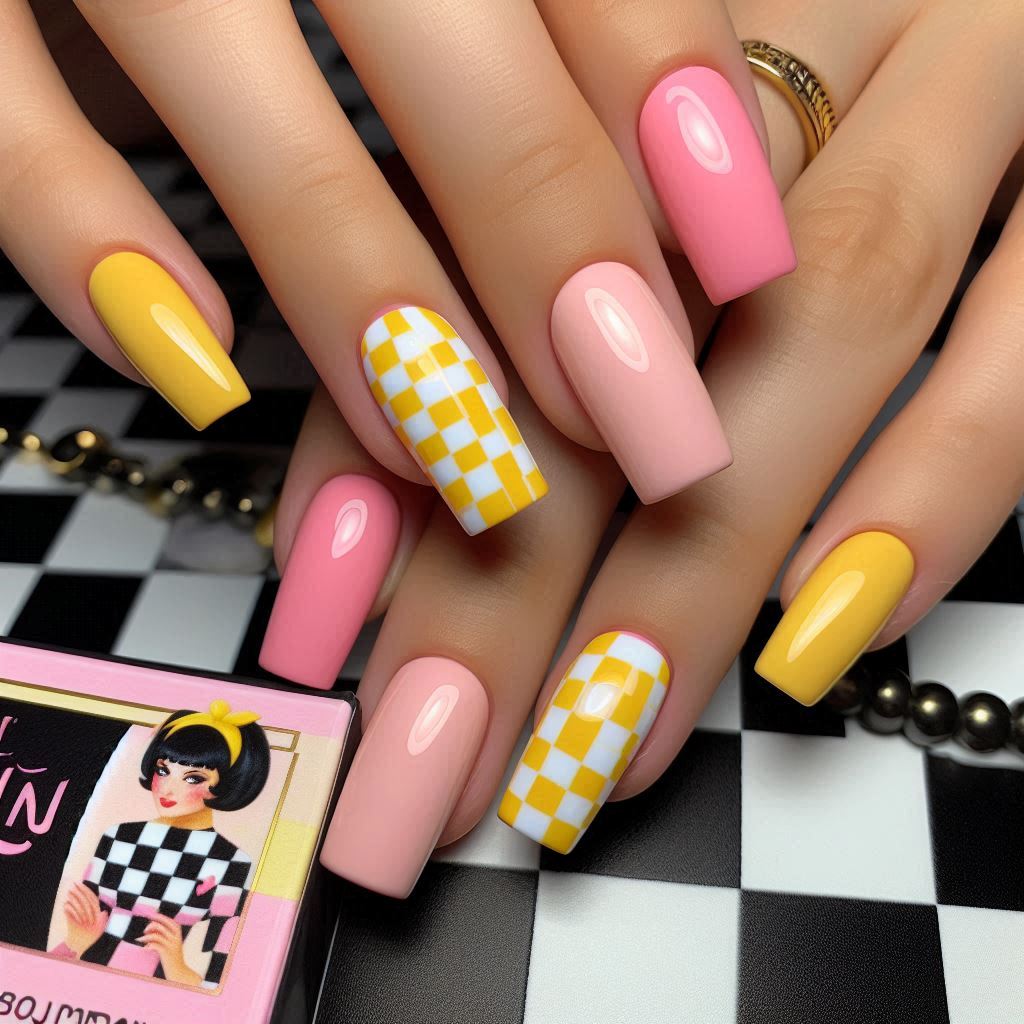 Checkered Pink and Yellow Nails