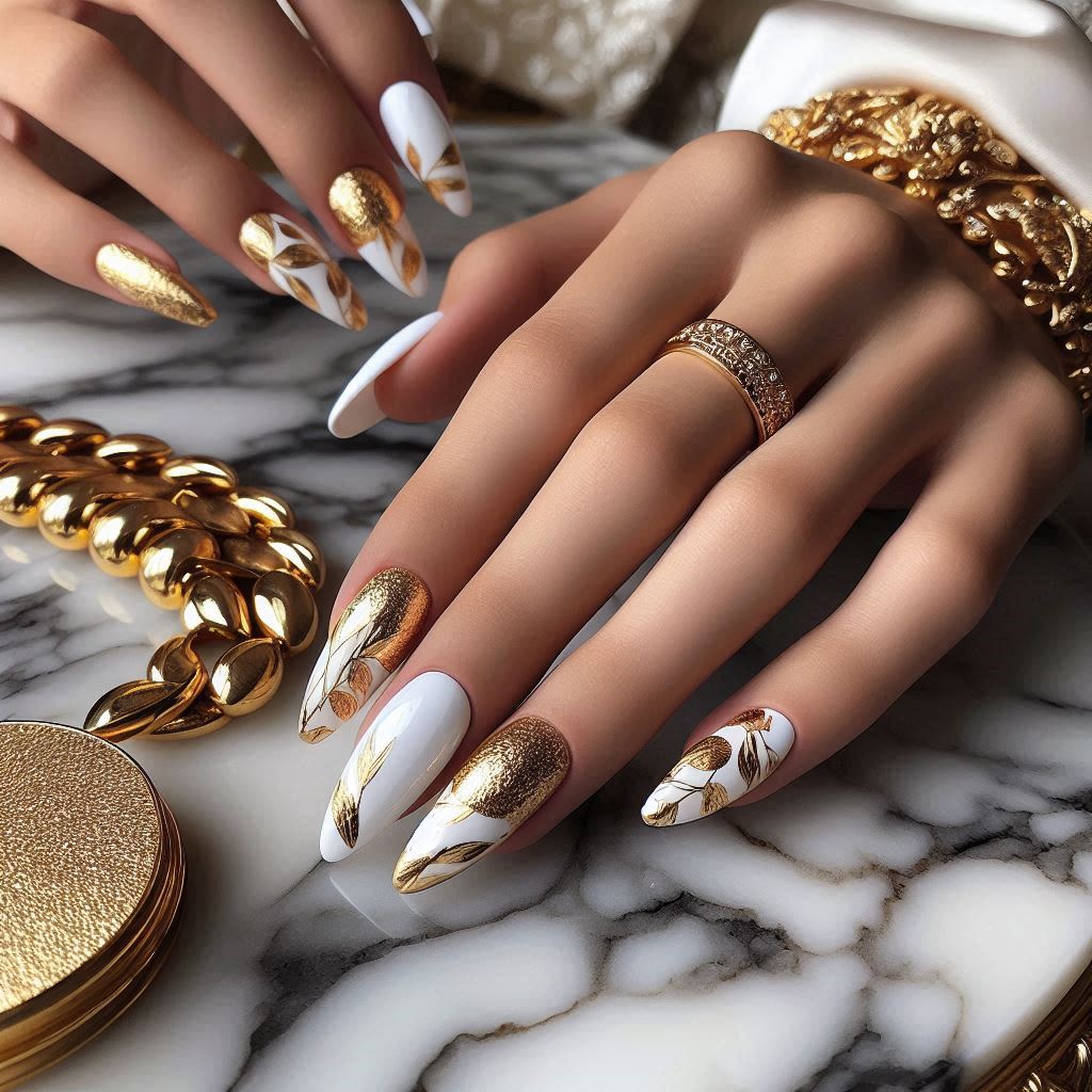 White and Gold Nails 