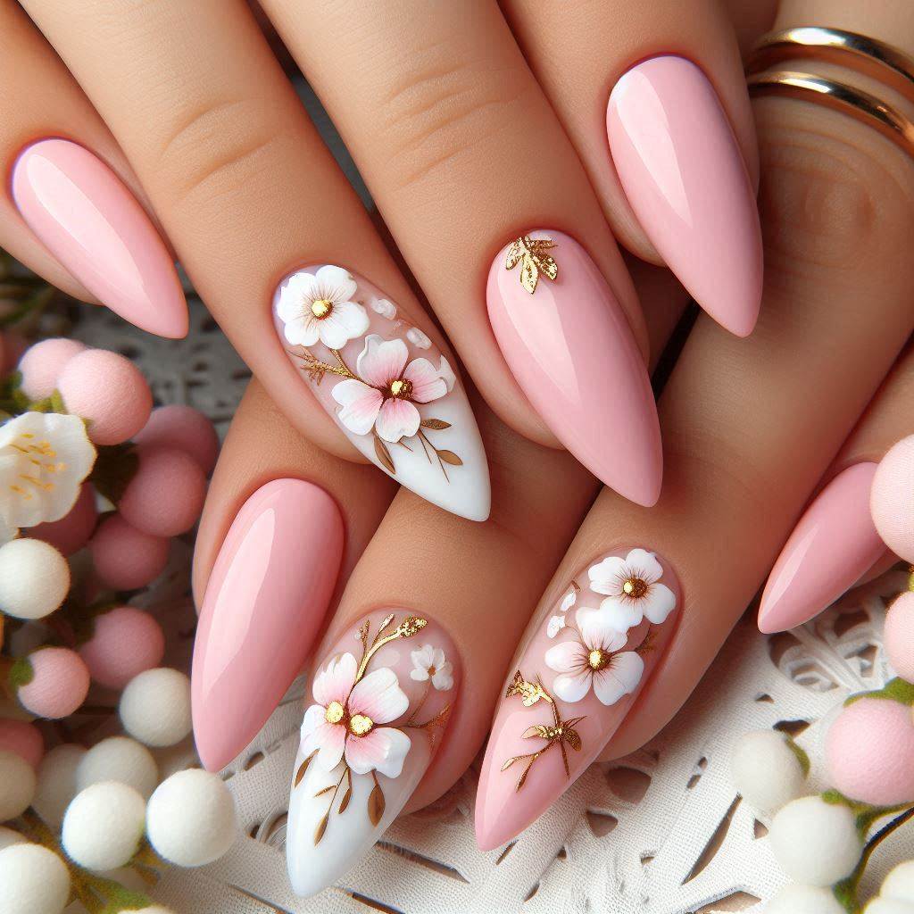 Pink and White Floral Nails