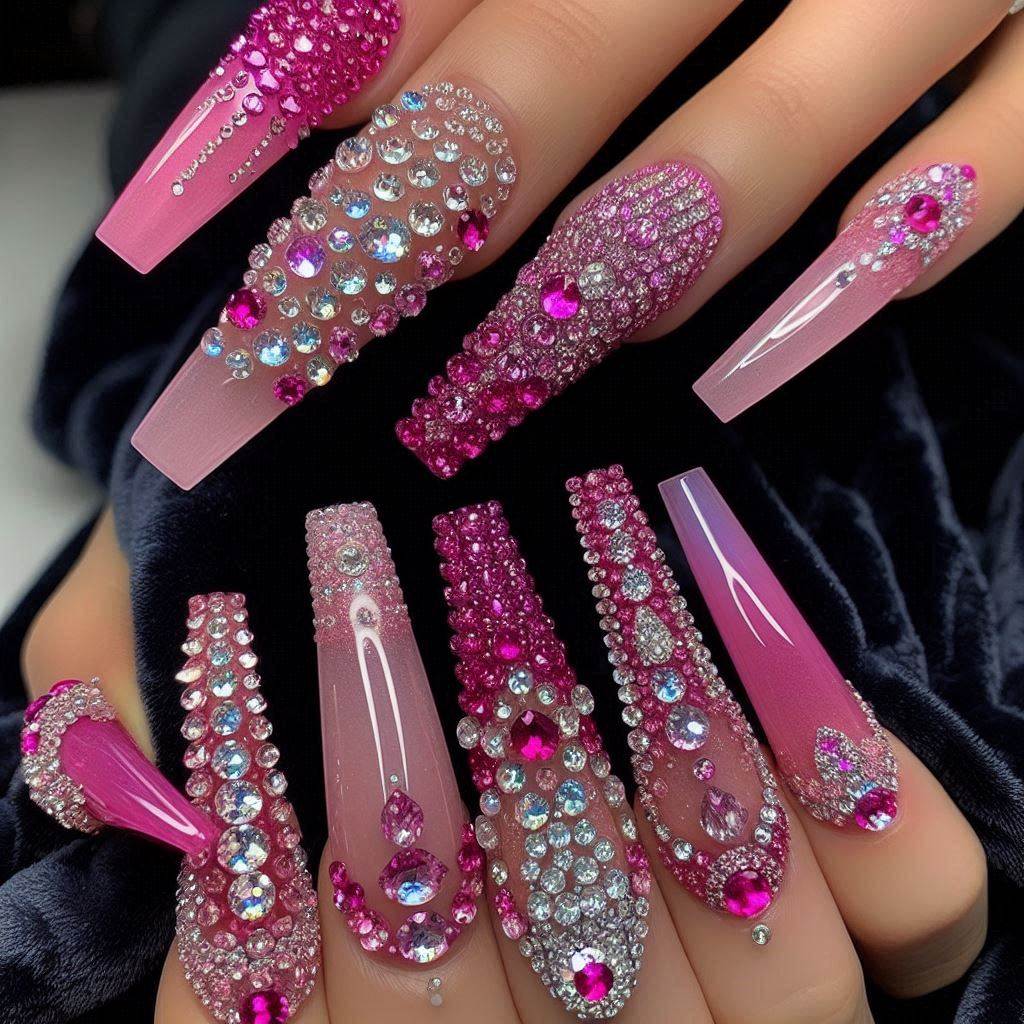 Extra Long Pink Nails with Gems