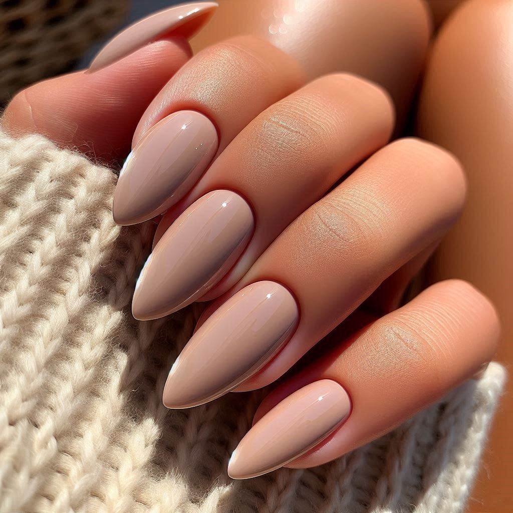 Glossy Nude Almond Nails