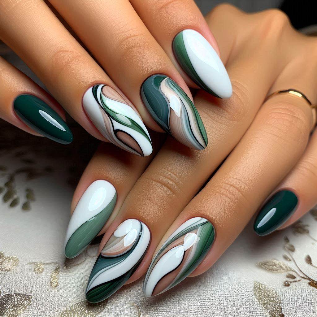 Green and white curved gel nails for a trendy look