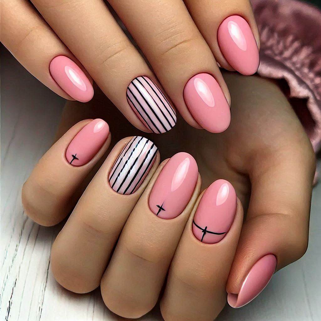 Short Pink Nails with Black Lines