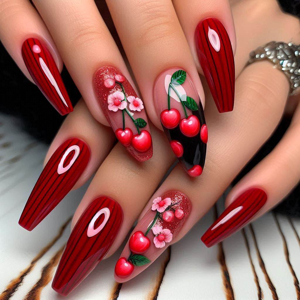 Bold Red Acrylic Nails with Cherry Art