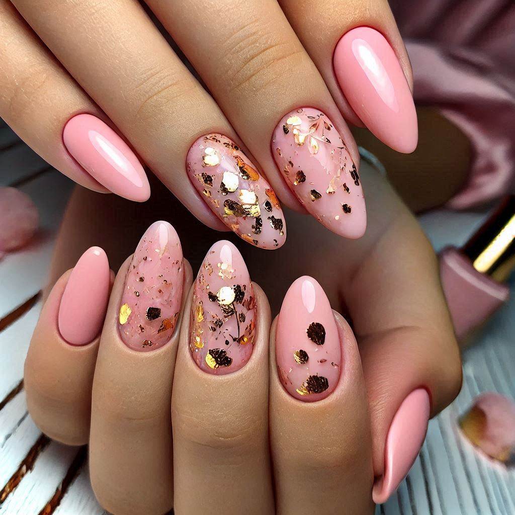 Simple Pink Almond Shaped Nails with Gold Foil