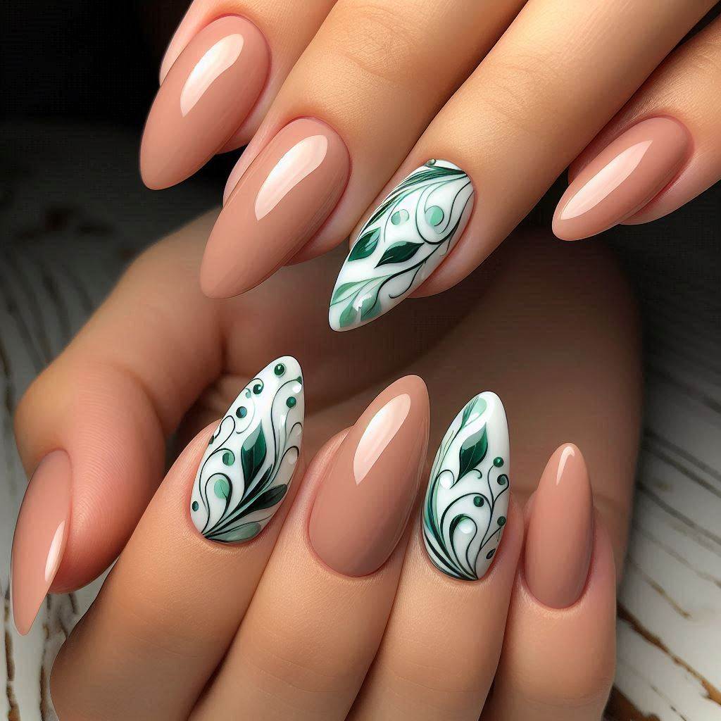 Green and White Swirl Nails