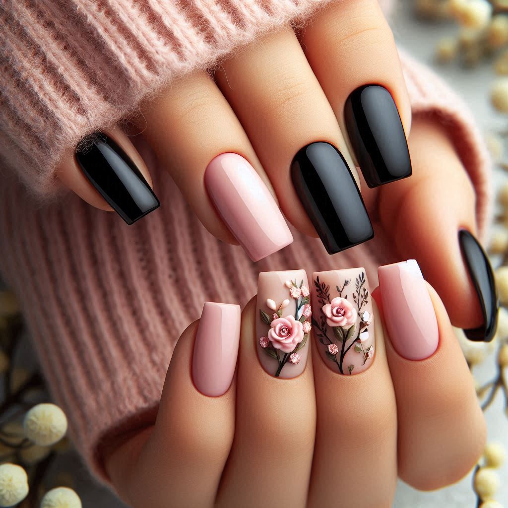 Black and Pastel Pink Square Nails 