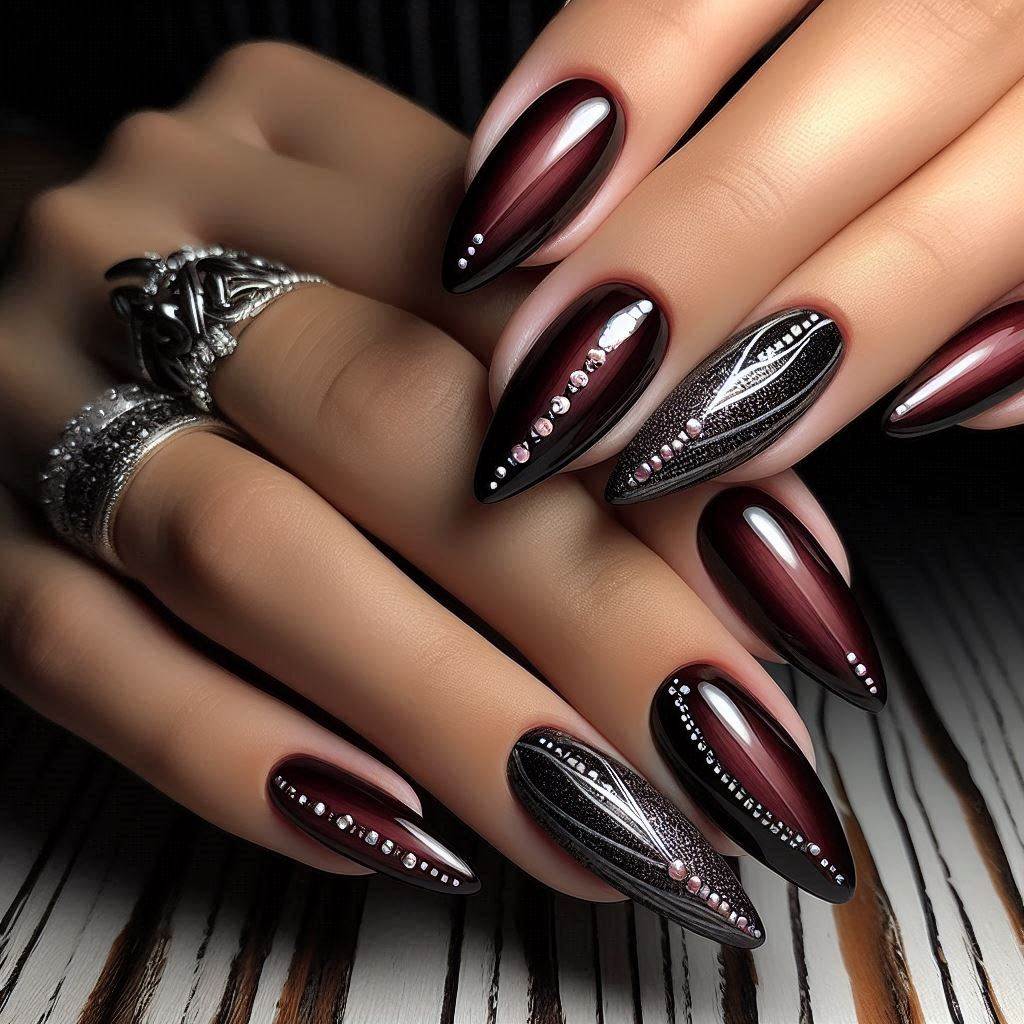 Dark Cherry Nails with Silver Accents