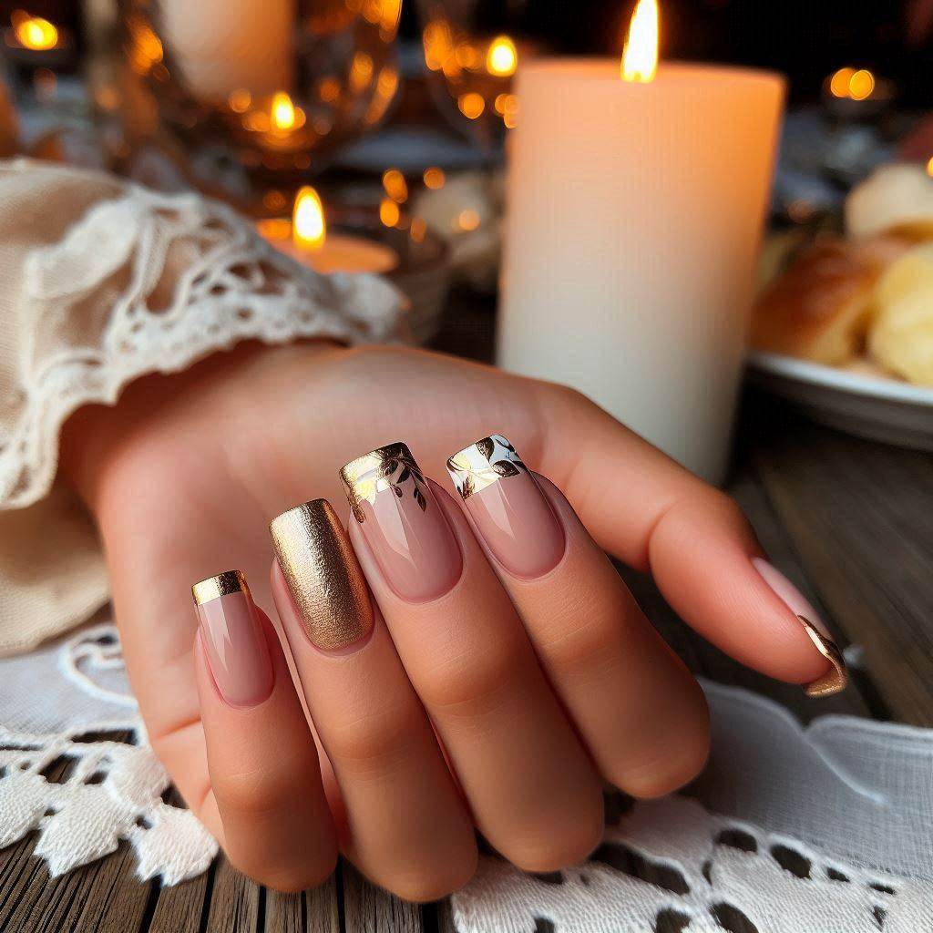 Short French Tip Nails with Nude and Gold Foil