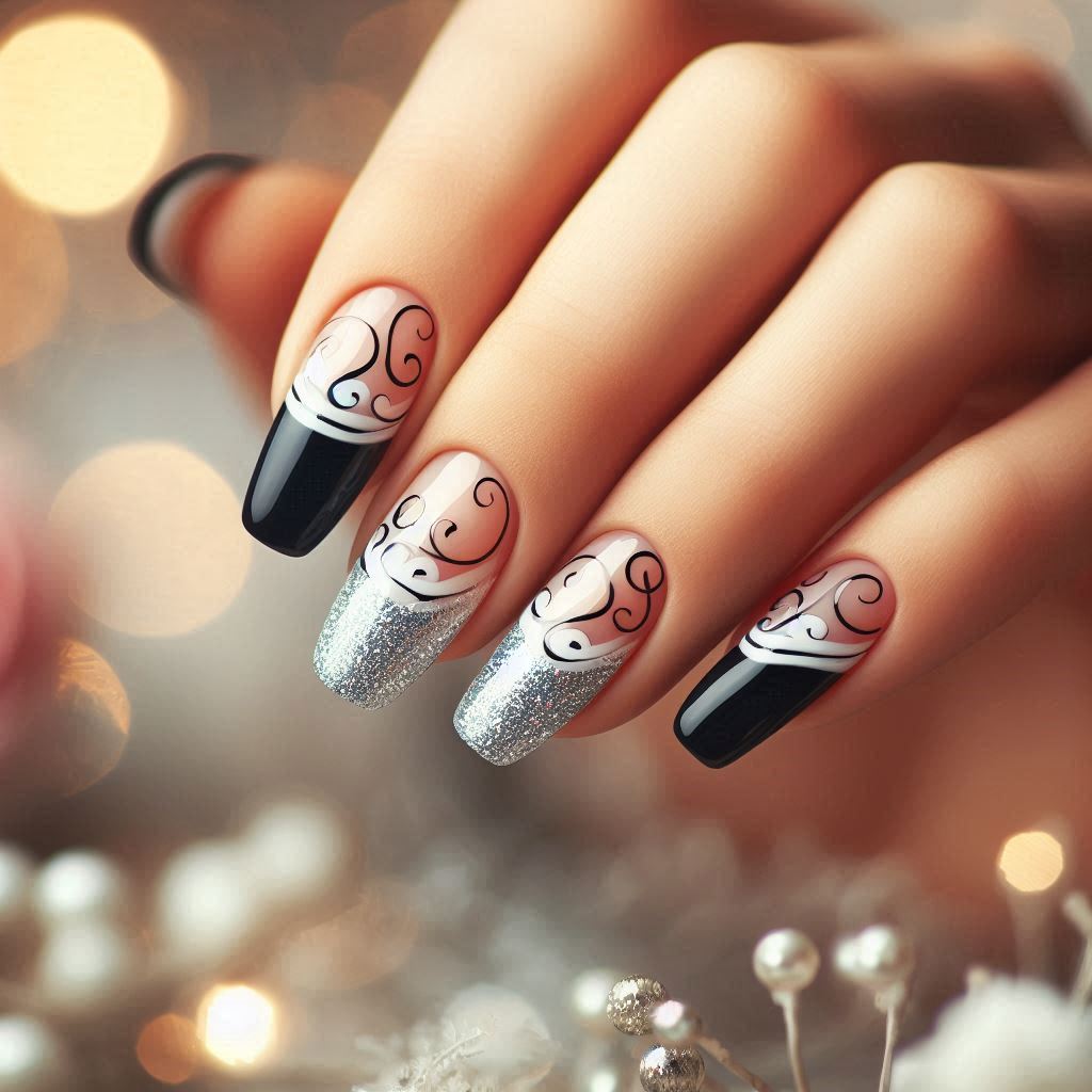 Black French Tip Nails with Design for Extra Glam