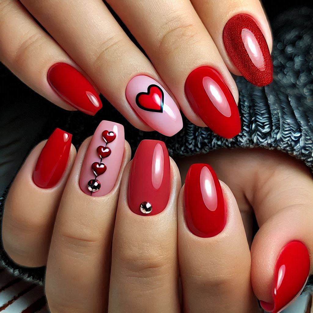 Simple red nails with a heart accent