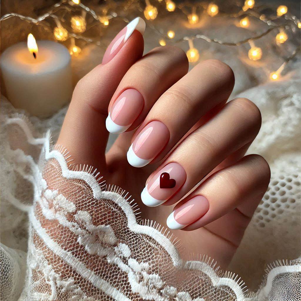  Elegant White French Tip with a Tiny Heart Accent