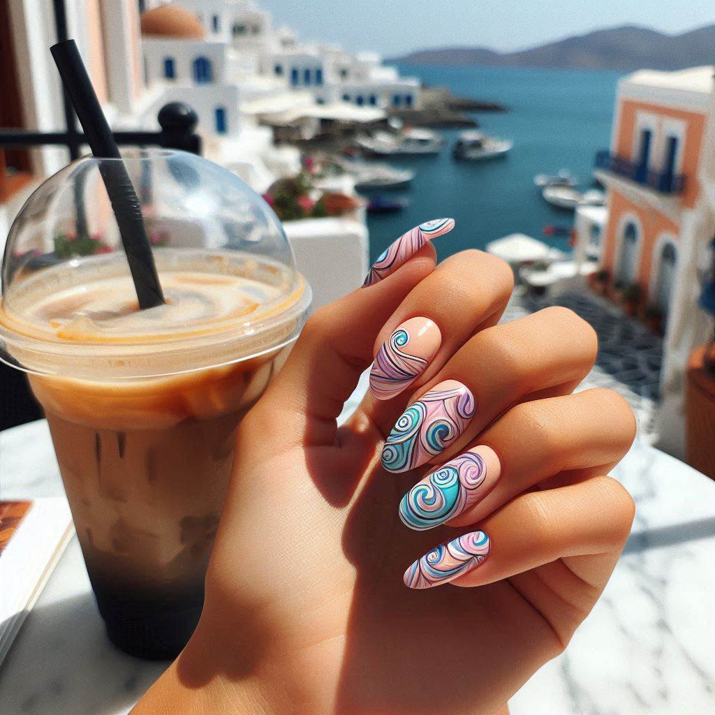 Pink and Blue Swirl Nails