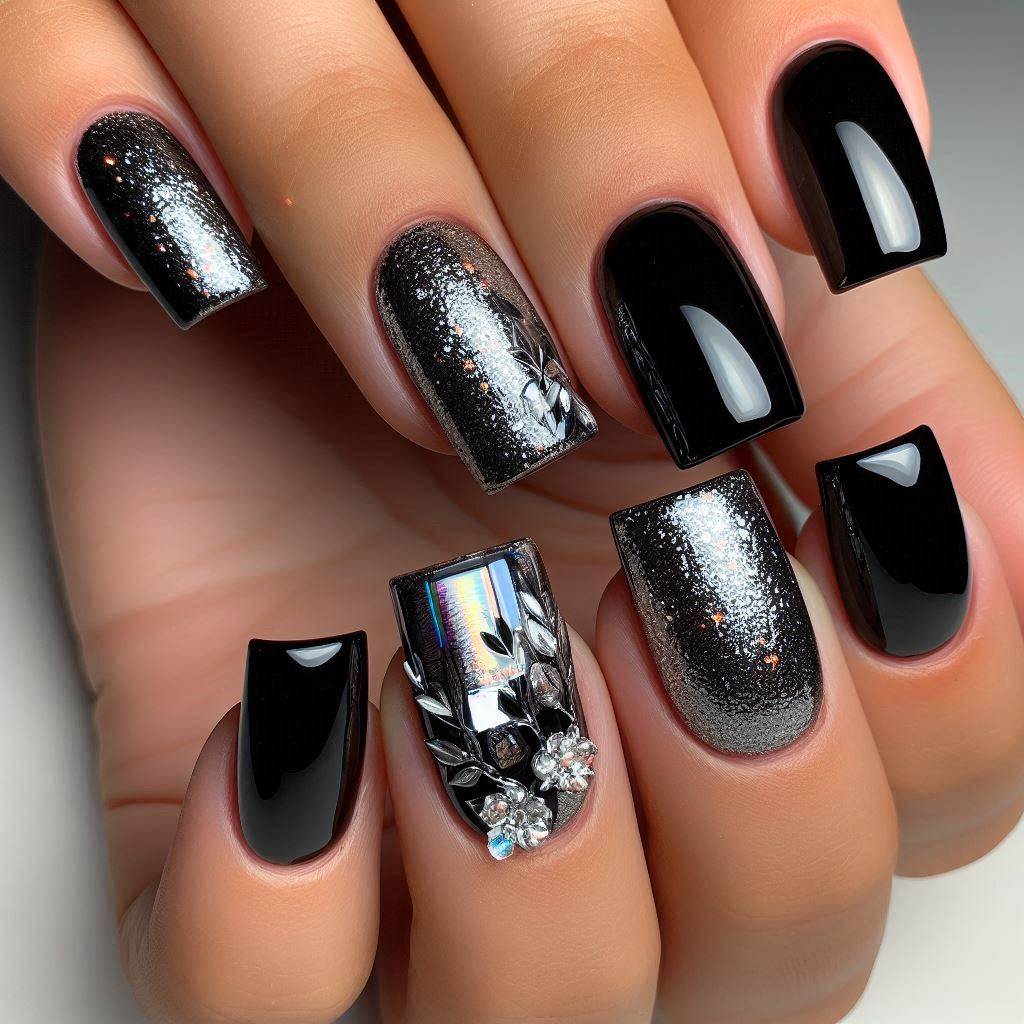  Black and Silver Goth Nails Acrylic for a Metallic Edge