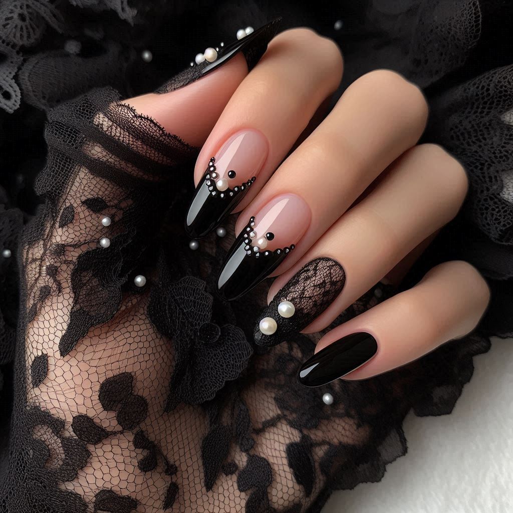 Black French Tip Nails with Pearls for a Vintage Glam Look