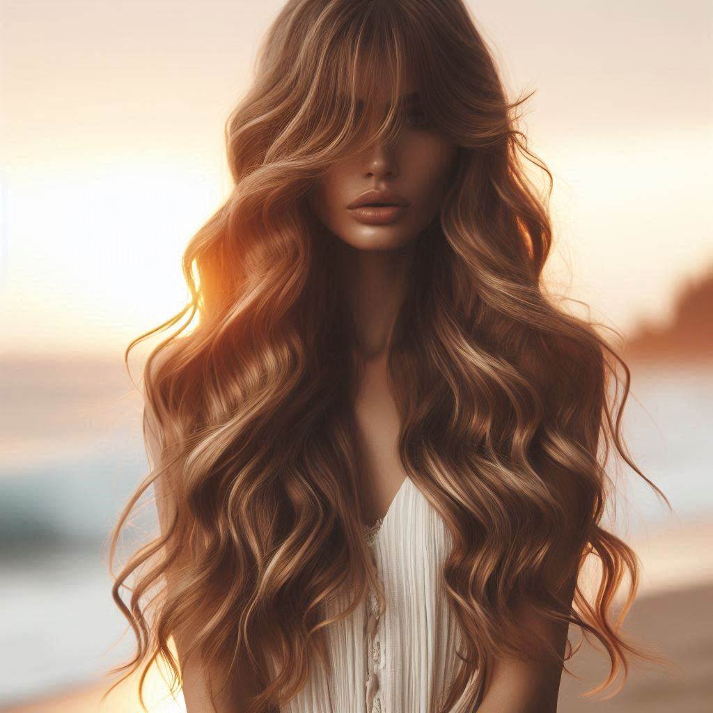  Wispy Curtain Bangs on Long, Wavy Hair