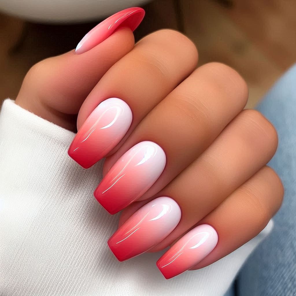 Red and White Ombre Nails