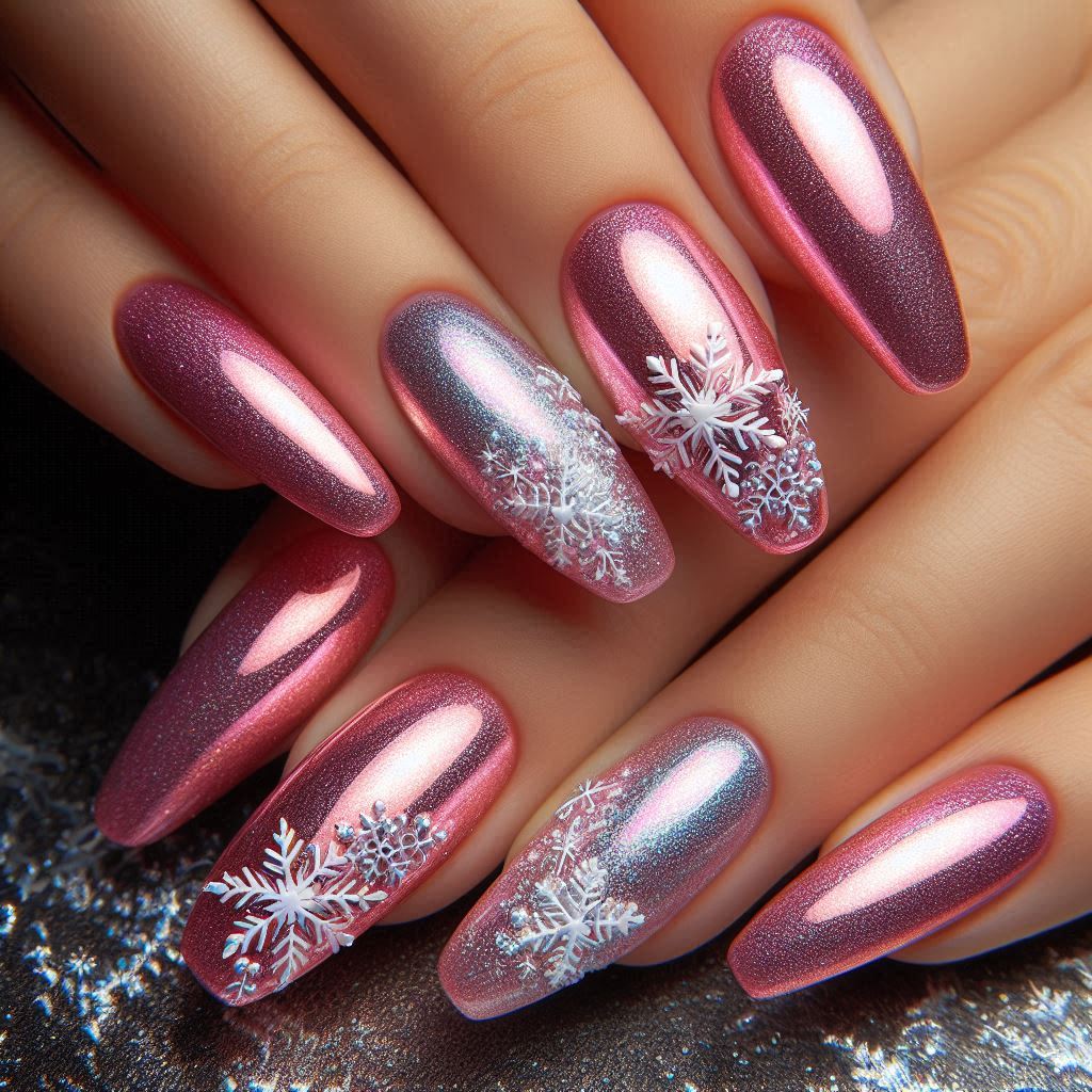 Glittery Pink Chrome with 3D Snowflakes