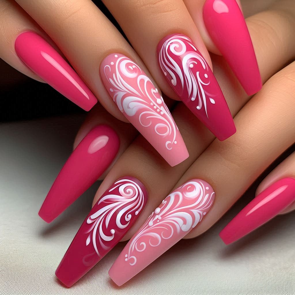 Hot Pink and White Swirl Nails