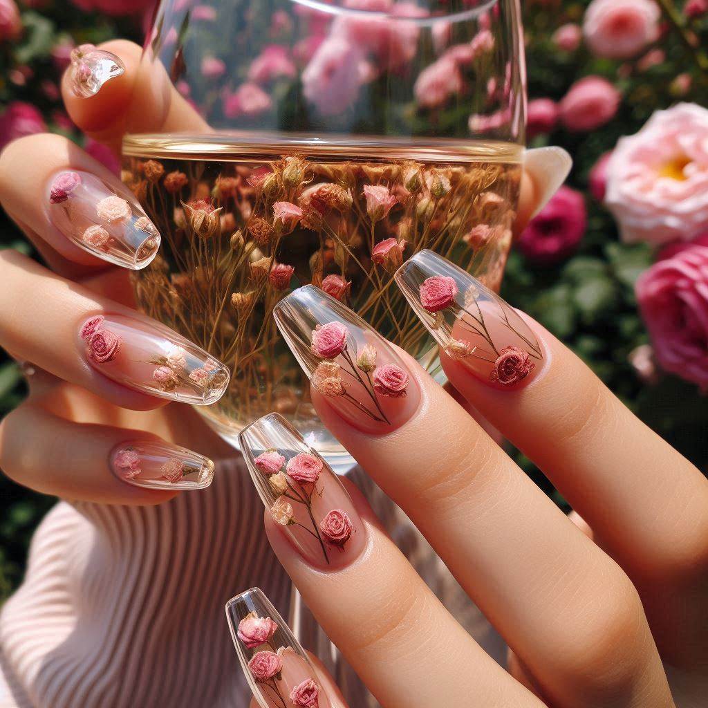 Crystal Clear Almond Nails with Floral Encapsulation