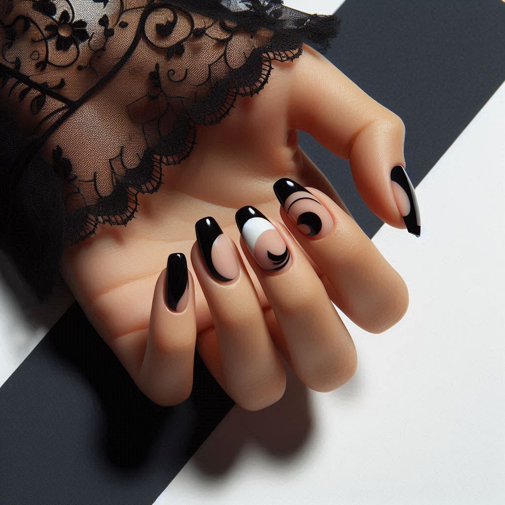 Black French Tip Nails with Negative Space for a Modern Edge