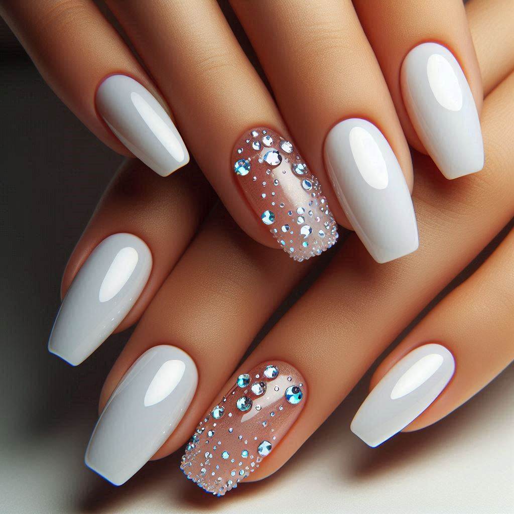 White Nails Short with Rhinestones