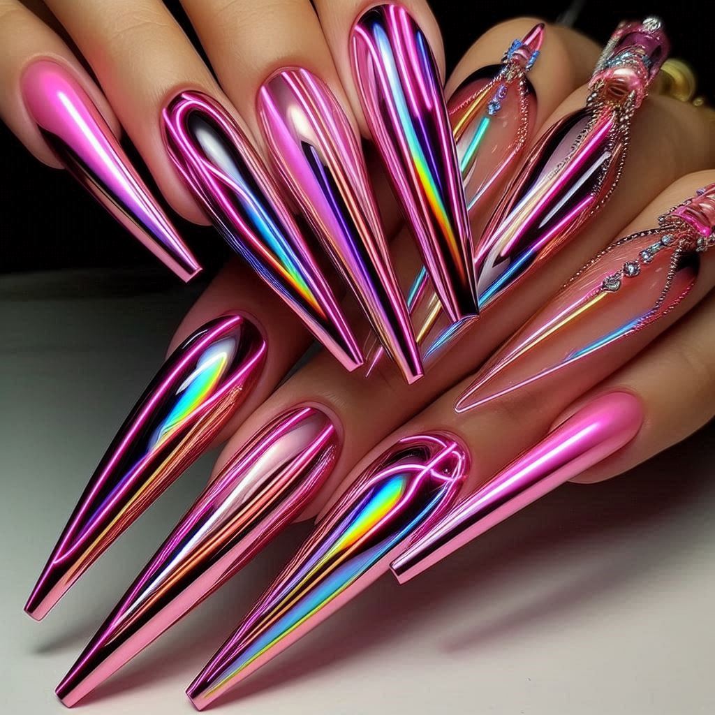 Pink Chrome Coffin Nails with 3D Neon Lines