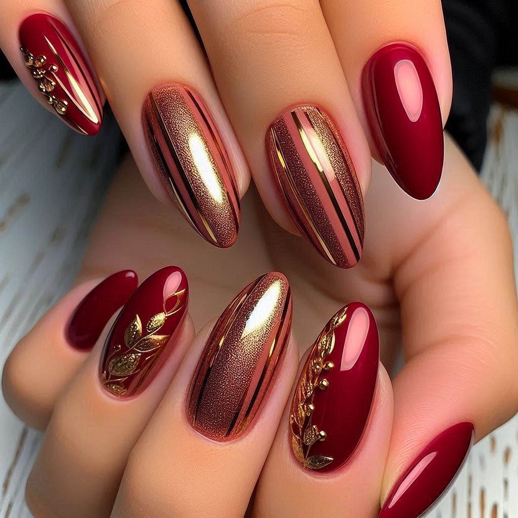 Short Almond Nails Red and Gold