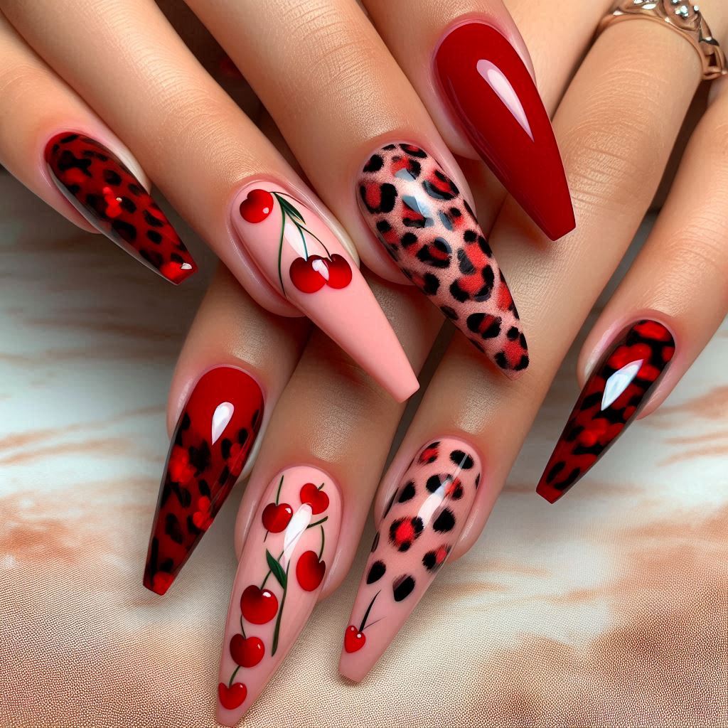 Acrylic Cherry Nails with Animal Print Details