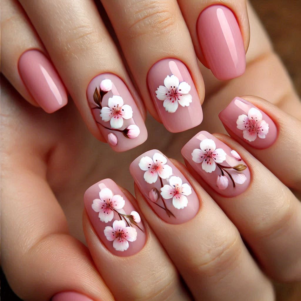 Short Cherry Nails with White Cherry Blossoms