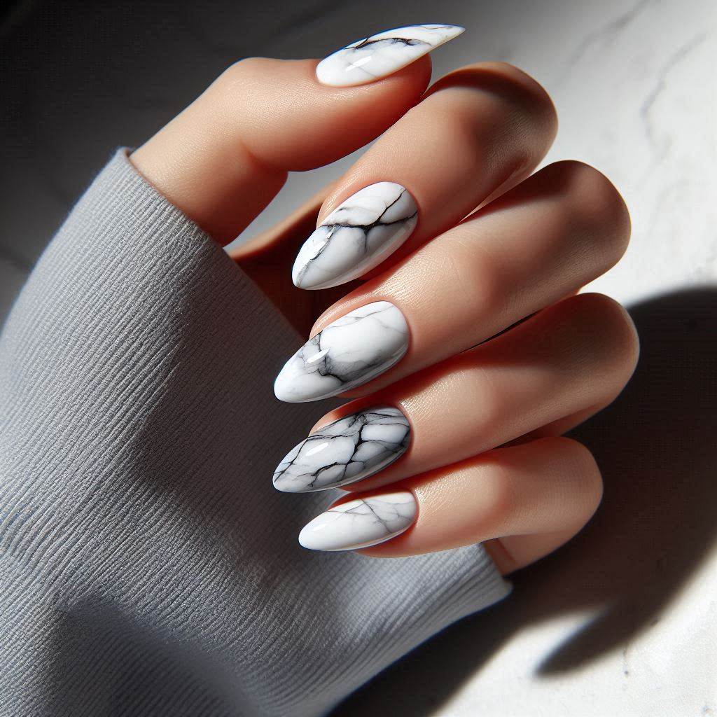 Elegant Marble Short Acrylic Nails Almond