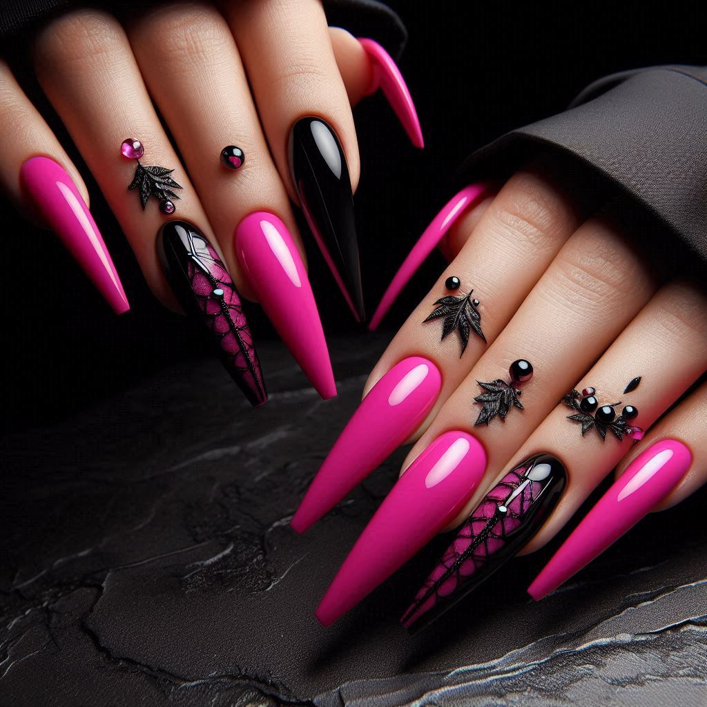  Hot Pink Acrylic Nails with Black Accents for a Fierce and Chic Look