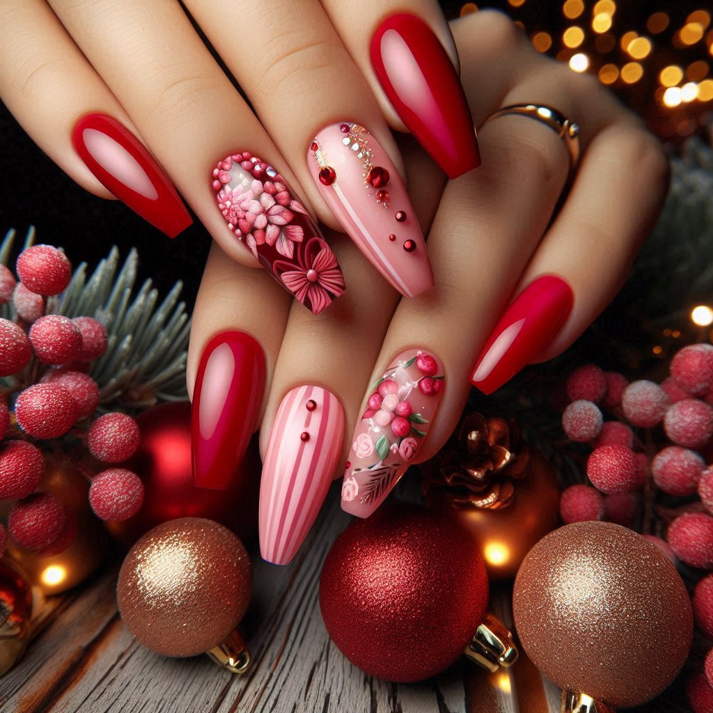 Red and Pink Acrylic Nails for a Bold Birthday Look